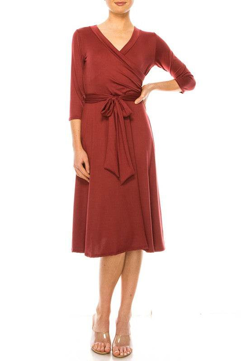 Solid Faux Wrap Dress with Deep V-Neck