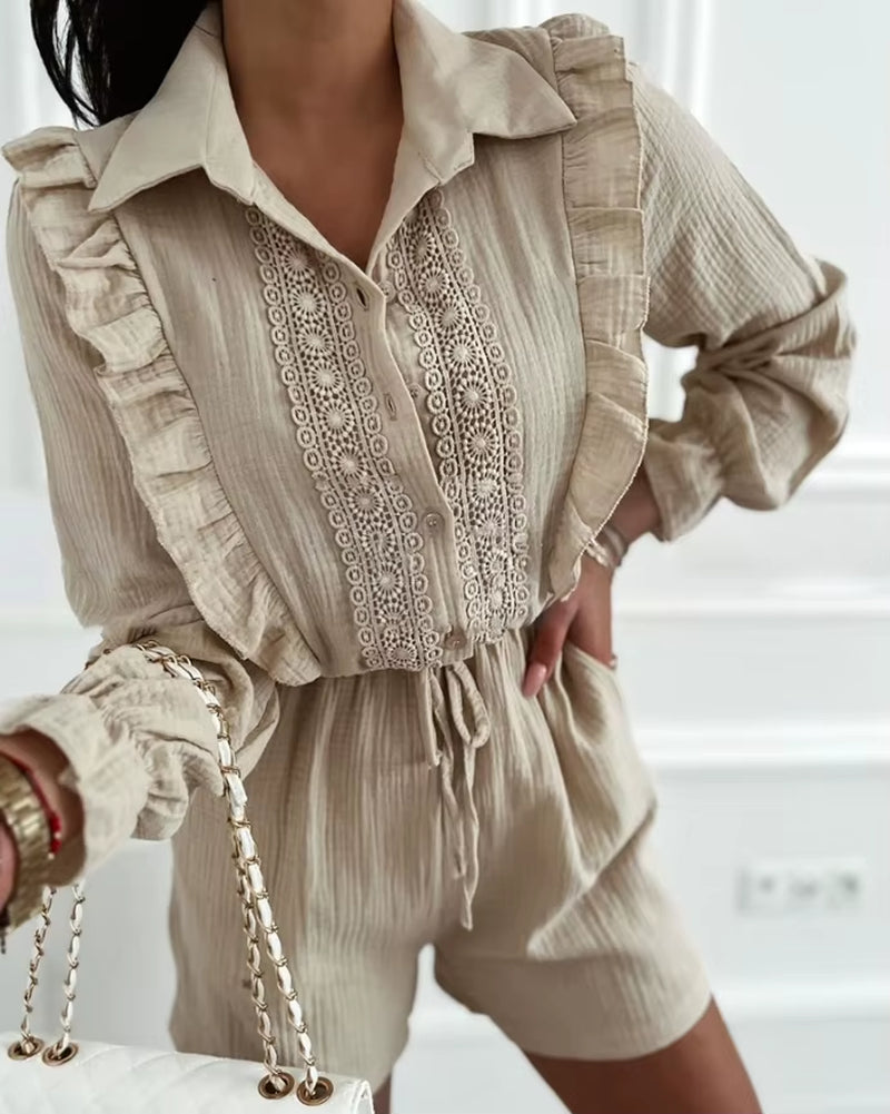 Women'S Short Jumpsuits New Fashion Contrast Lace Turn-Down Collar Long Sleeve Romper Women Casual Frill Hem Drawstring Jumpsuit