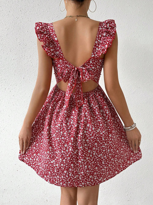 Breezaya Summer Random Ditsy Floral Print Backless Ruffle Hem High Waist Dress Graduation Dress