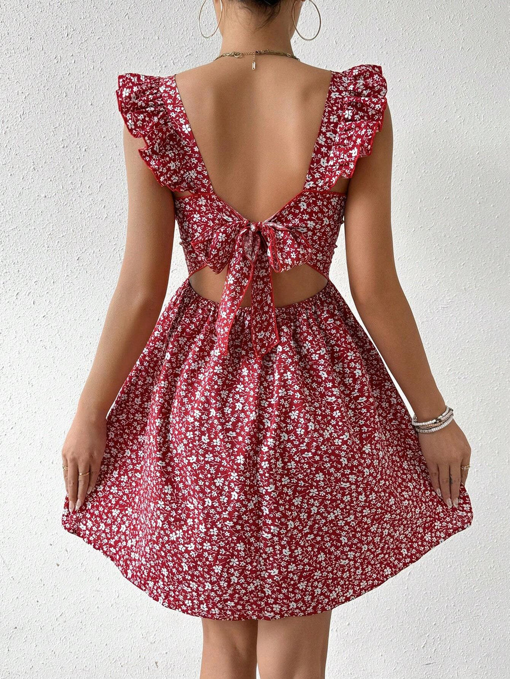 Breezaya Summer Random Ditsy Floral Print Backless Ruffle Hem High Waist Dress Graduation Dress