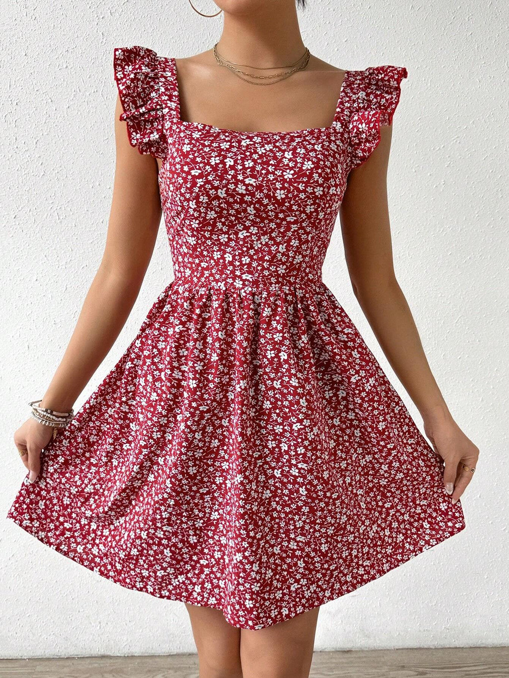 Breezaya Summer Random Ditsy Floral Print Backless Ruffle Hem High Waist Dress Graduation Dress