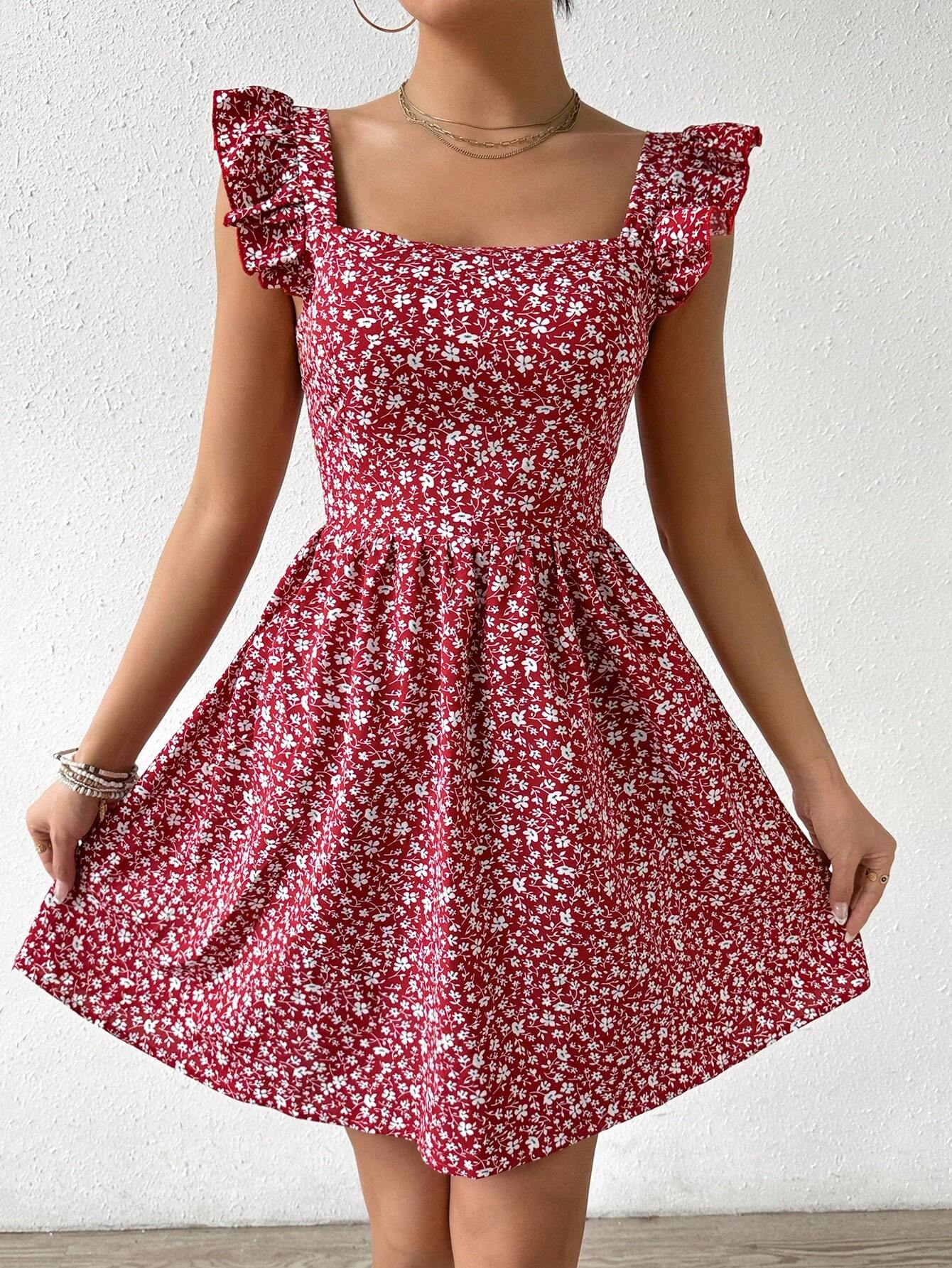 Breezaya Summer Random Ditsy Floral Print Backless Ruffle Hem High Waist Dress Graduation Dress