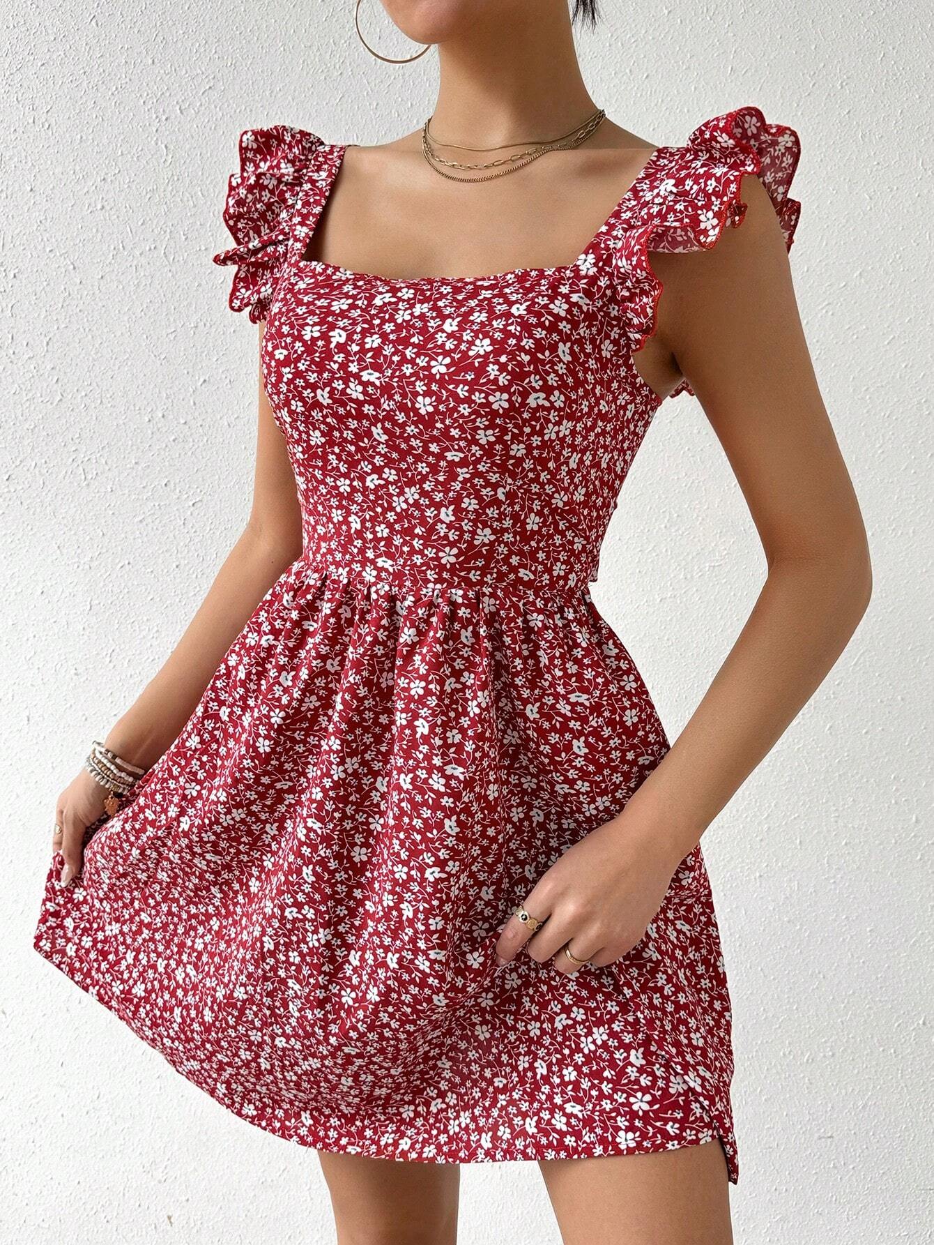 Breezaya Summer Random Ditsy Floral Print Backless Ruffle Hem High Waist Dress Graduation Dress