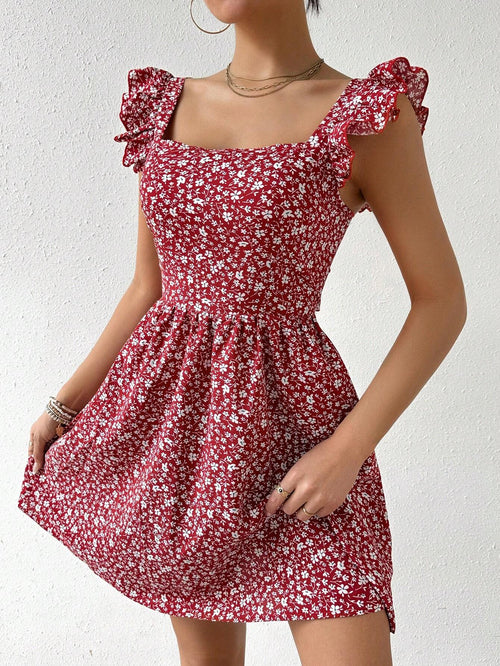 Breezaya Summer Random Ditsy Floral Print Backless Ruffle Hem High Waist Dress Graduation Dress