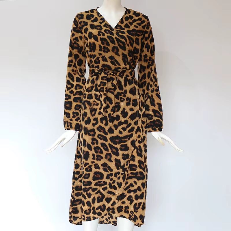 Leopard Print V-Neck Long Sleeved Lace up Dress