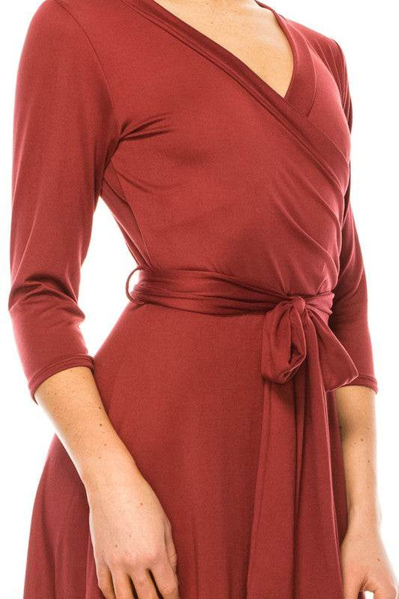 Solid Faux Wrap Dress with Deep V-Neck