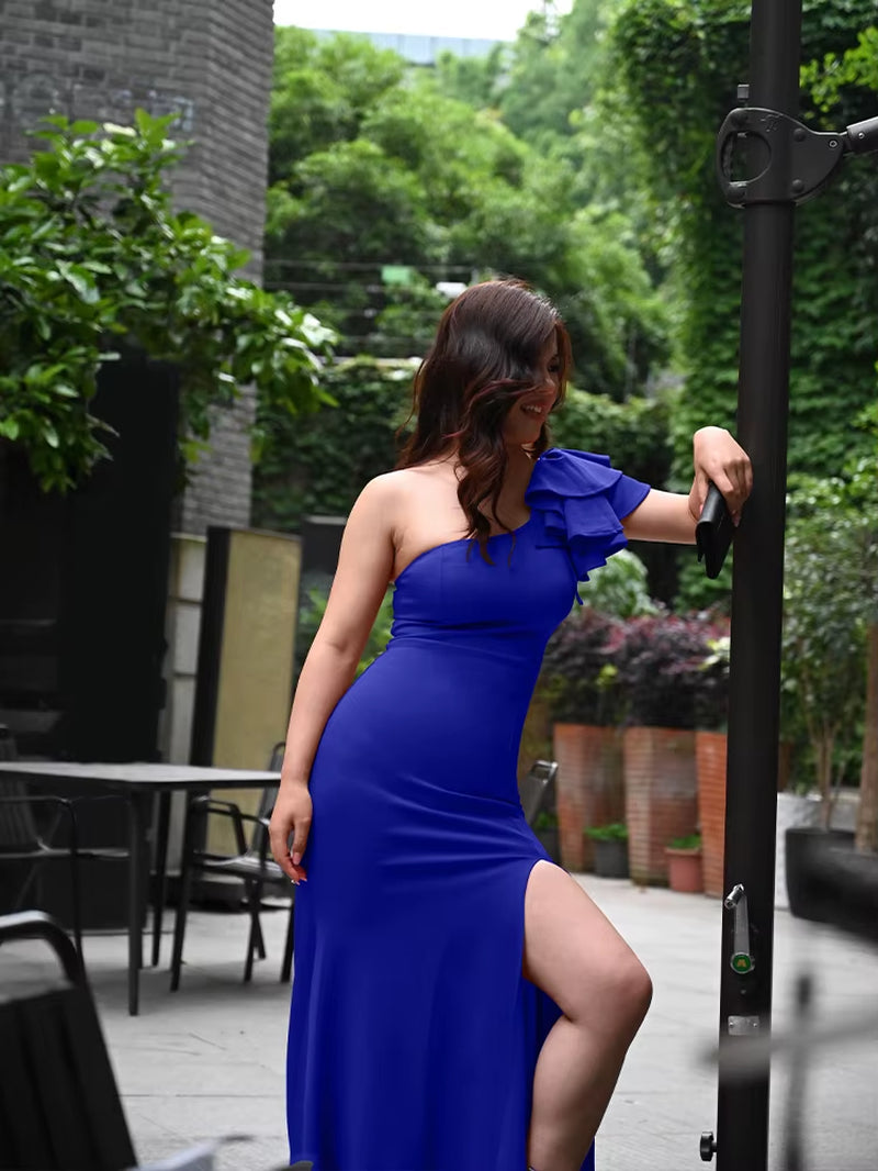 New Summer One Shoulder Split Sexy Dress Sleeveless Sloping Shoulders Dresses