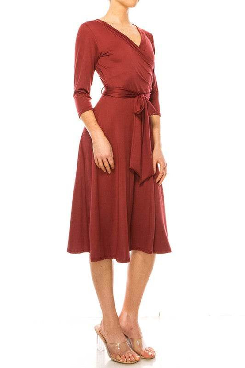 Solid Faux Wrap Dress with Deep V-Neck