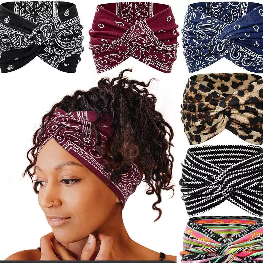 Bohemian Print Wide Headband - Water Absorbent, Cross Straps, Suitable for Yoga, Running and Everyday Use