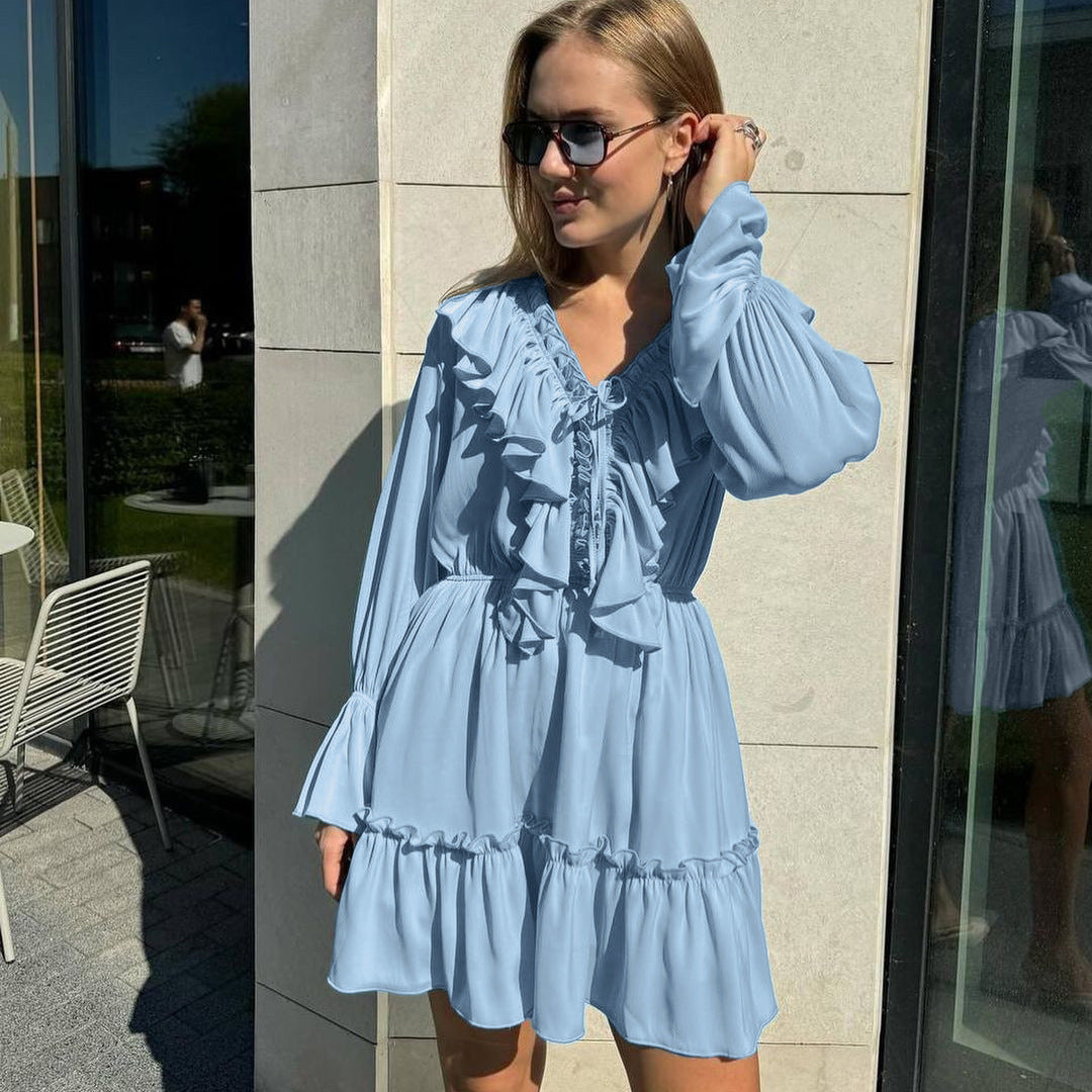 Fashion V Neck Pleated Ruffle Long Sleeve Dress Y2K V Neck Flared Sleeve Short Dress Women'S Clothing