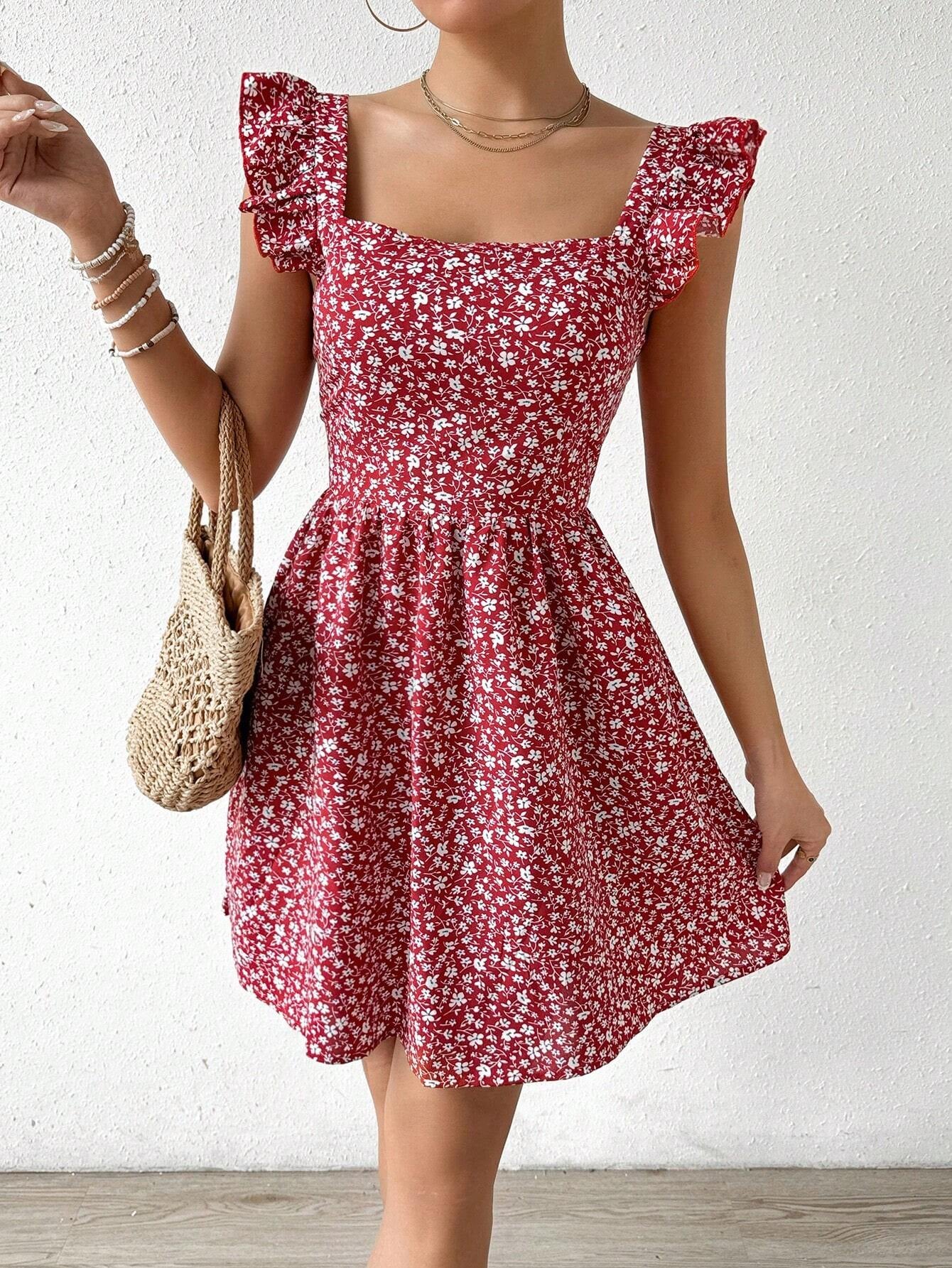 Breezaya Summer Random Ditsy Floral Print Backless Ruffle Hem High Waist Dress Graduation Dress