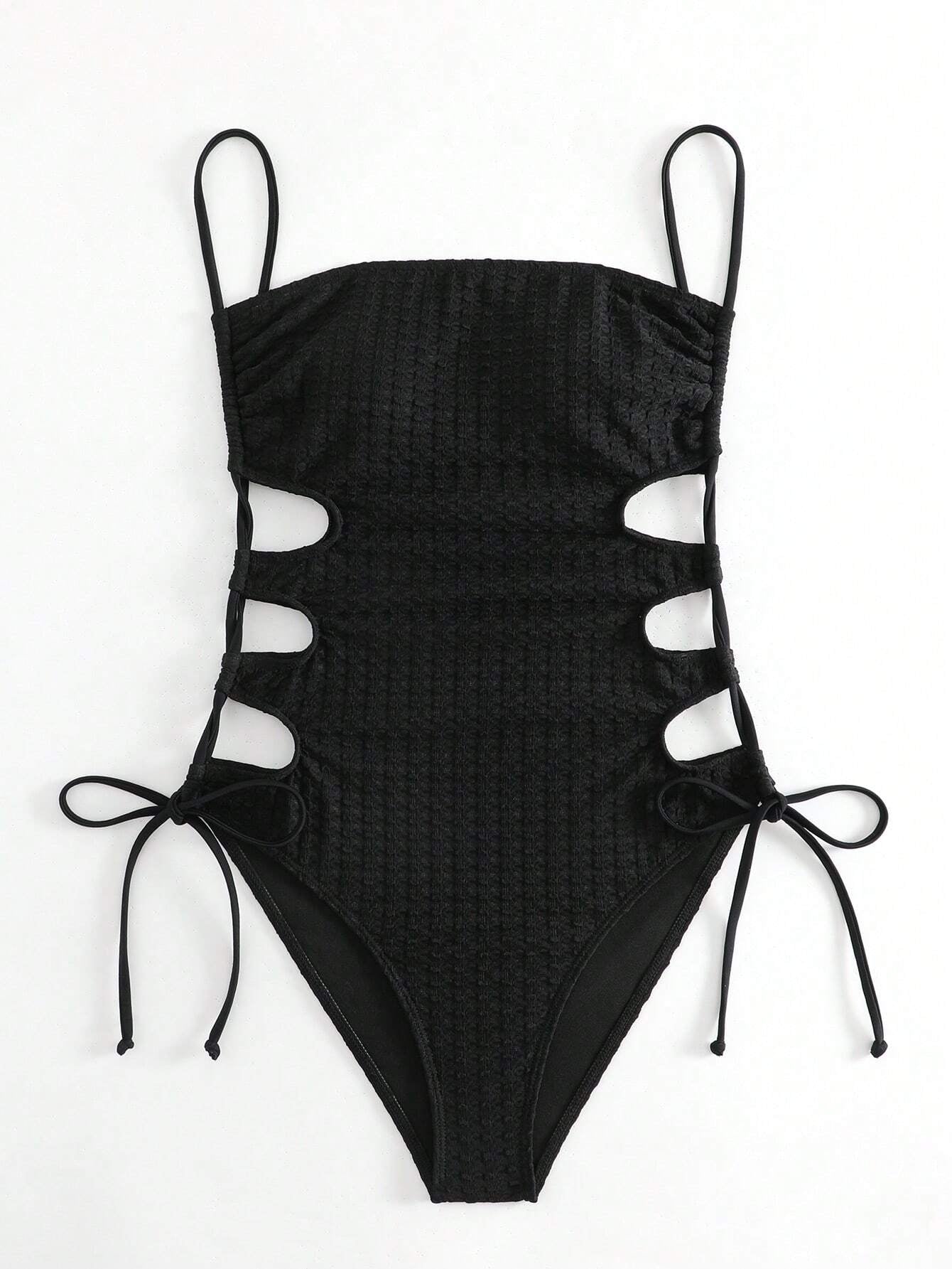 Swim Basics Summer Beach Cut Out Drawstring Side Cami One Piece Swimsuit