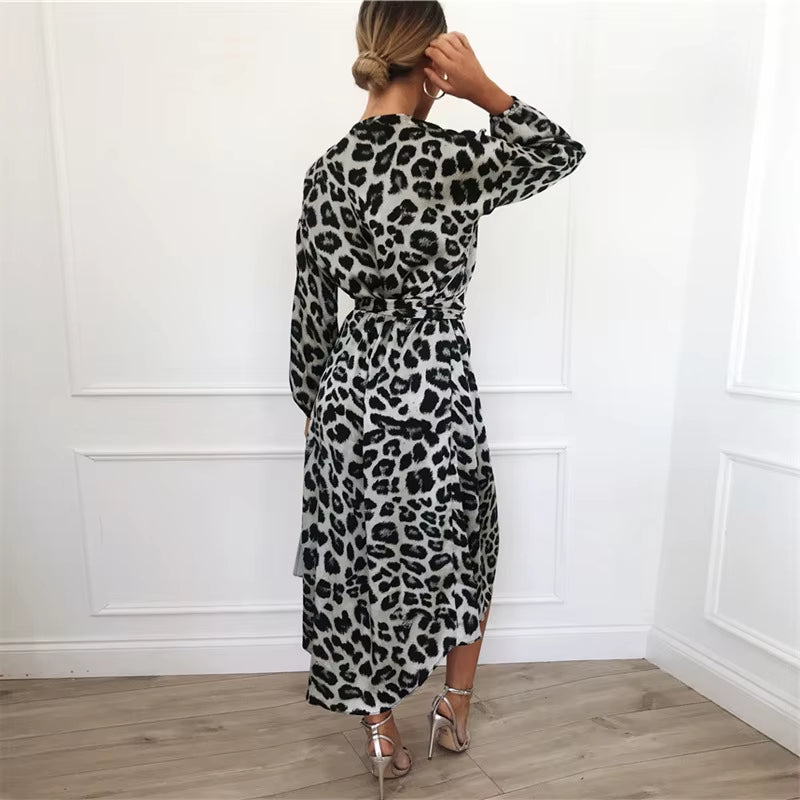 Leopard Print V-Neck Long Sleeved Lace up Dress