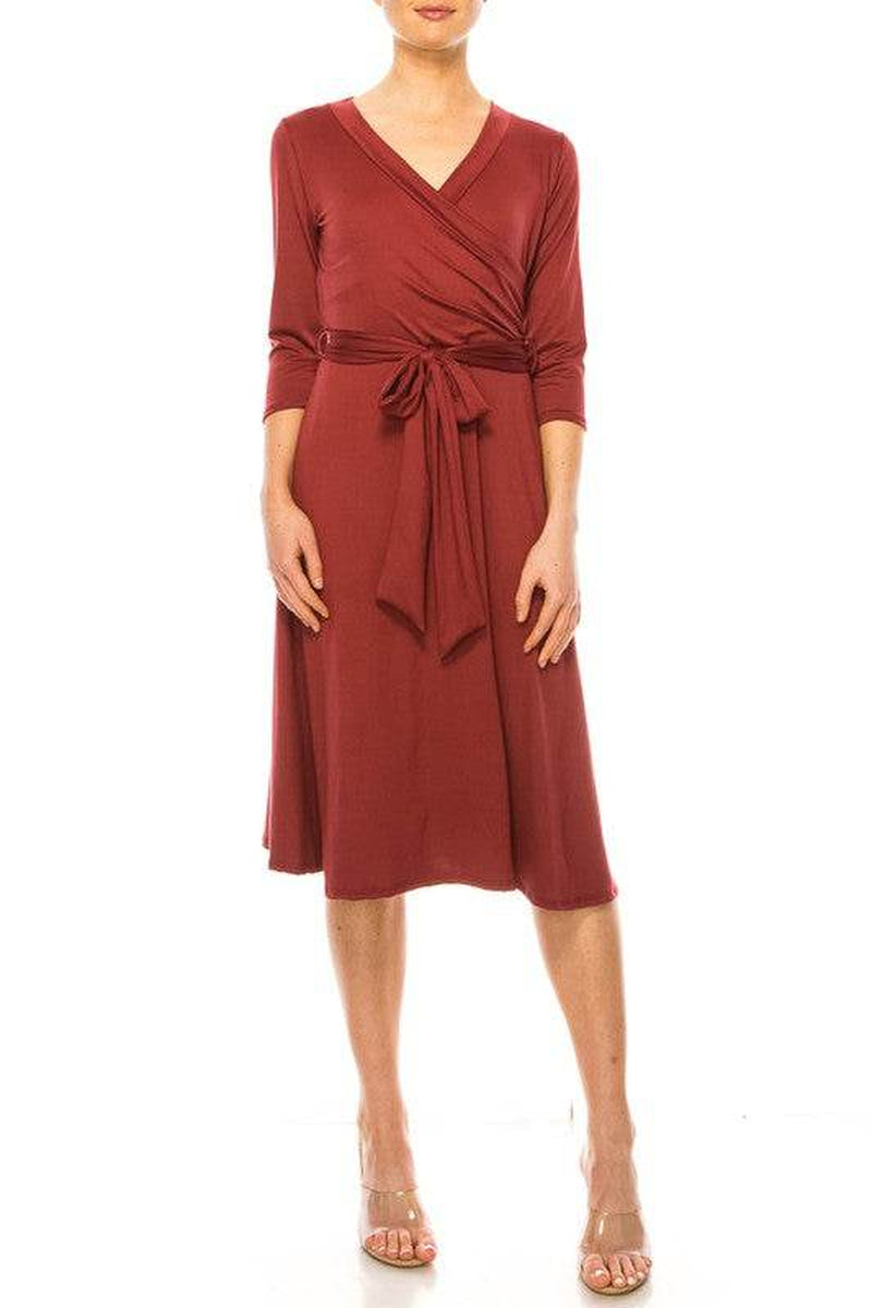 Solid Faux Wrap Dress with Deep V-Neck