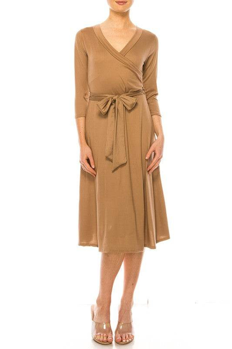 Solid Faux Wrap Dress with Deep V-Neck