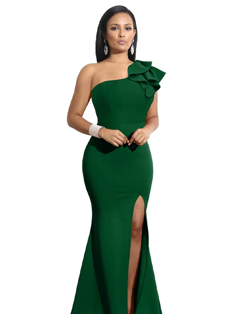 New Summer One Shoulder Split Sexy Dress Sleeveless Sloping Shoulders Dresses