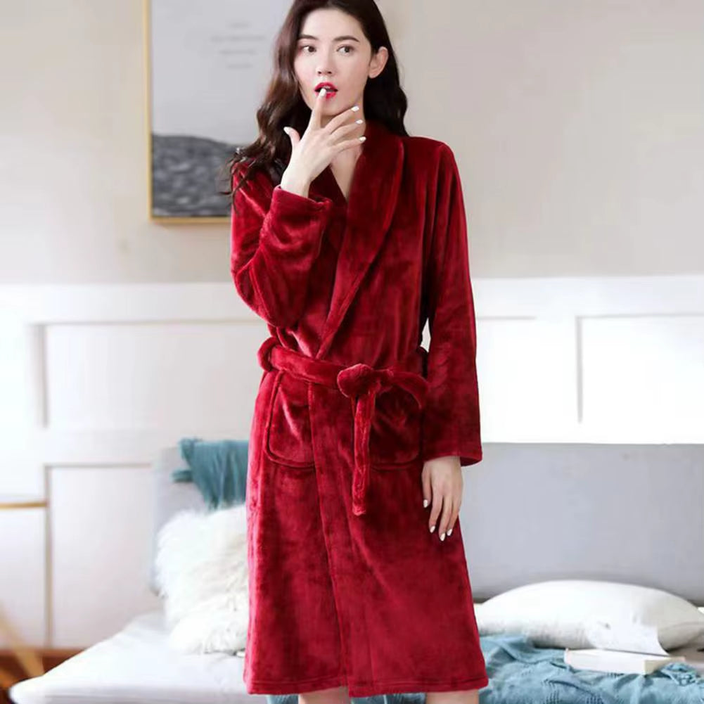 Coral Fleece Bathrobe Women Winter Warm Casual Flannel Robe Sleepwear Plush Shawl Bath Robe Lounge Nightgown Home Clothes