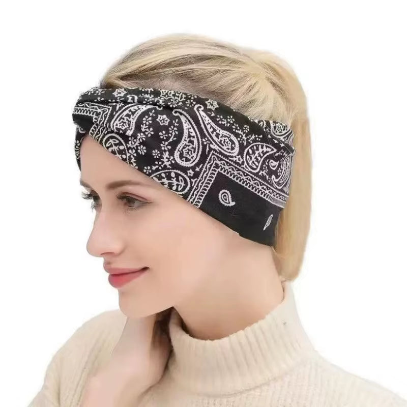Bohemian Print Wide Headband - Water Absorbent, Cross Straps, Suitable for Yoga, Running and Everyday Use