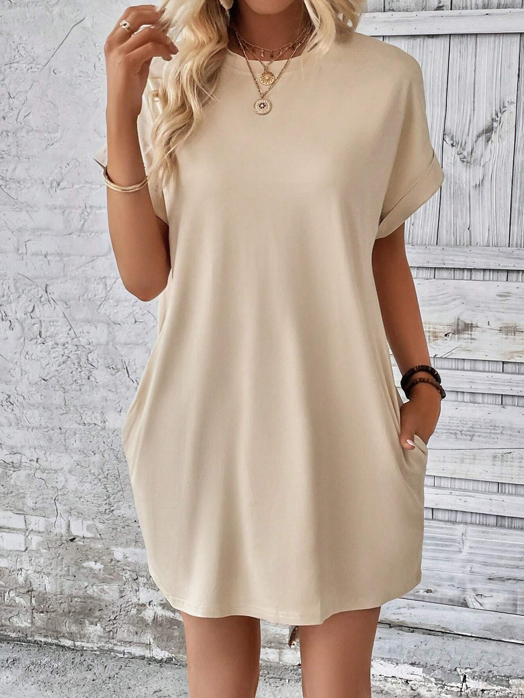INAWLY Women'S Casual Solid Color round Neck Batwing Sleeve Dress, Summer
